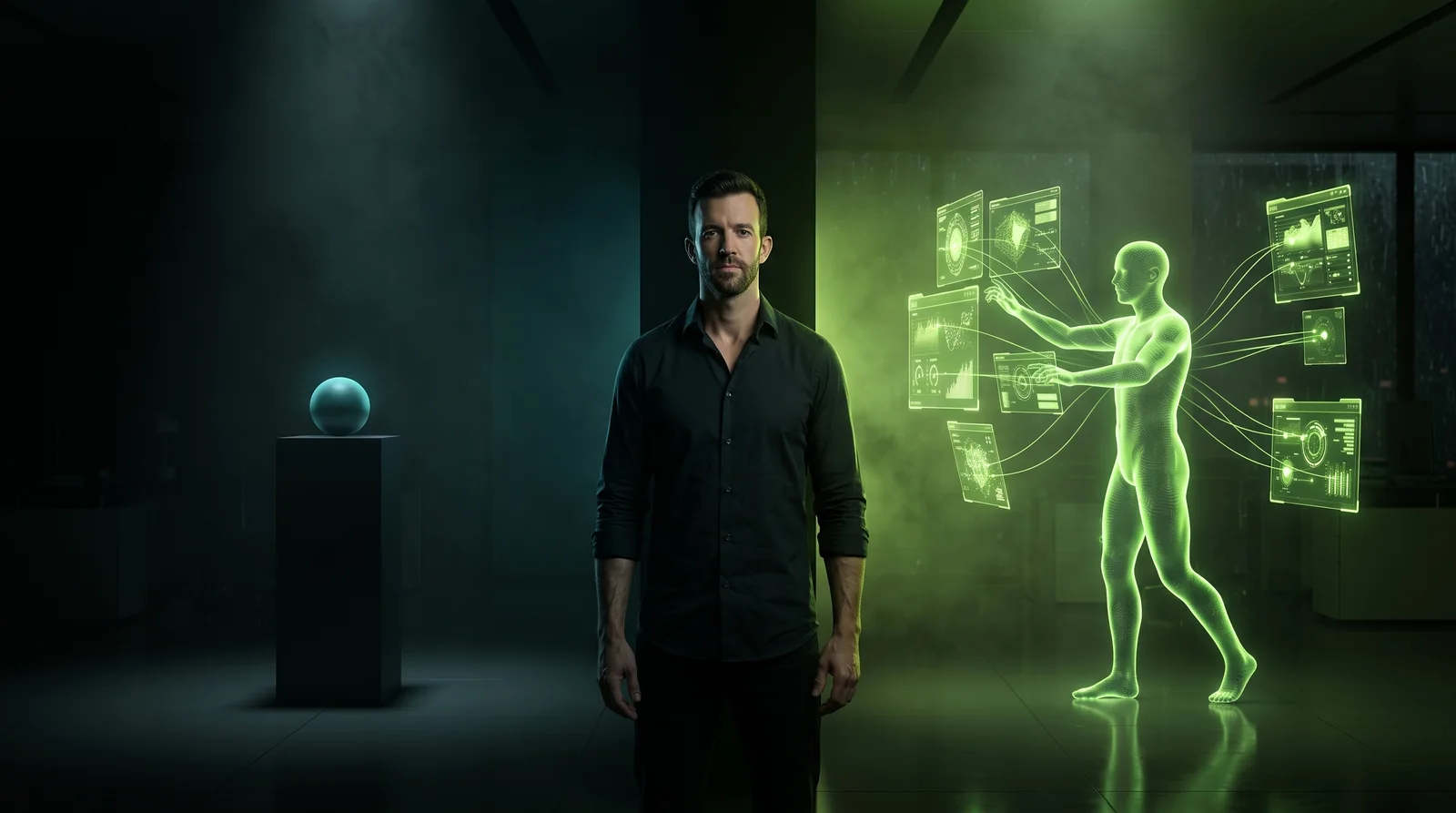 Matt Clark between an inert glowing sphere on a pedestal and an active holographic figure working across floating panels