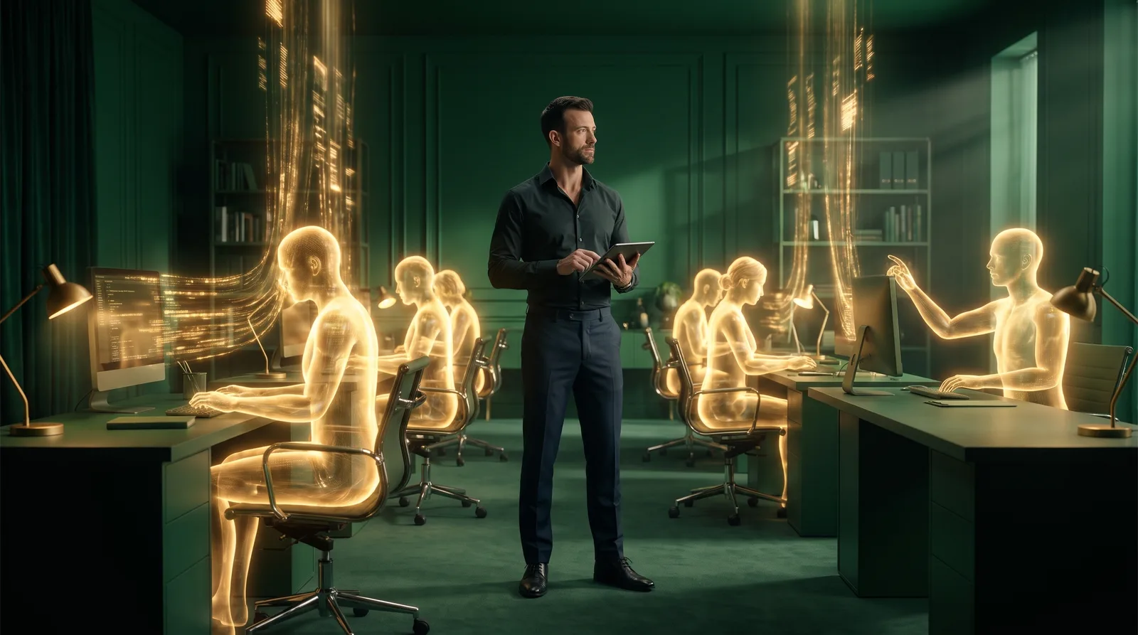 Matt Clark overseeing an office of glowing AI agent figures working at desks, each doing real business work