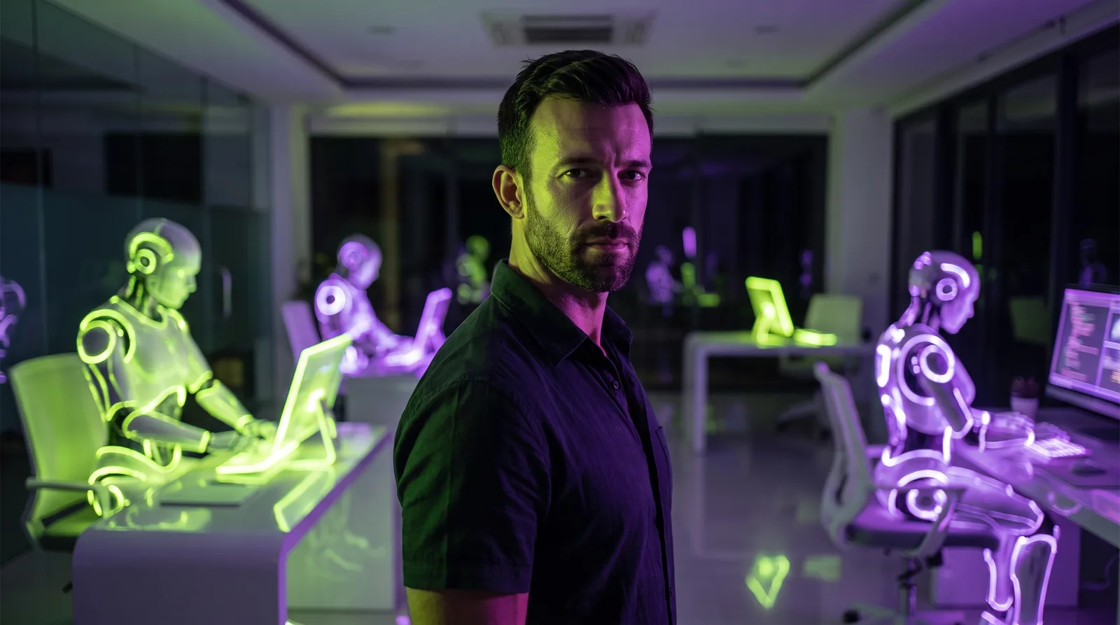 A small business owner at a desk directing a small team of holographic AI agents, each handling a different task