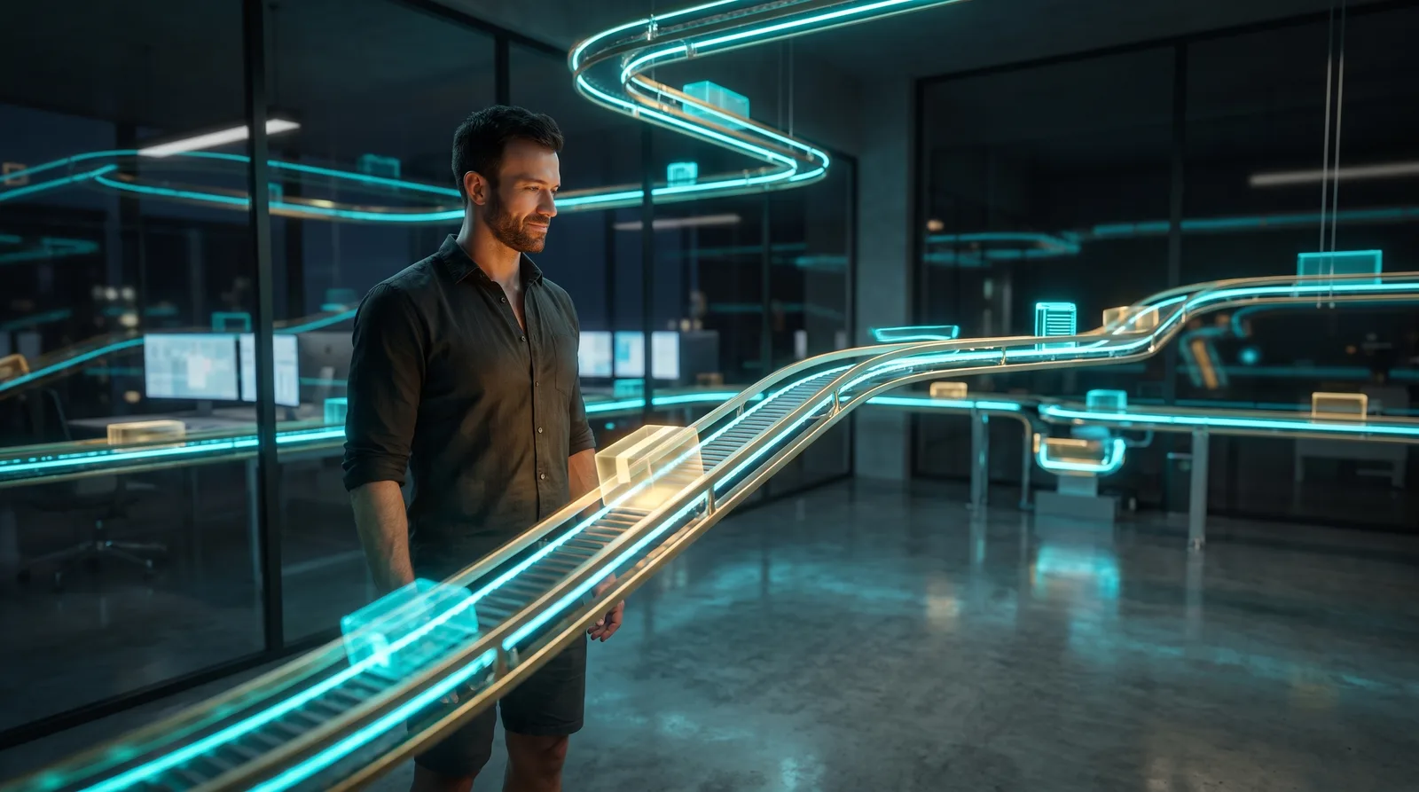 A small business owner at a tidy desk watching a glowing owned AI system handle follow-ups, invoices, and scheduling in the background while disconnected app icons crumble to the side