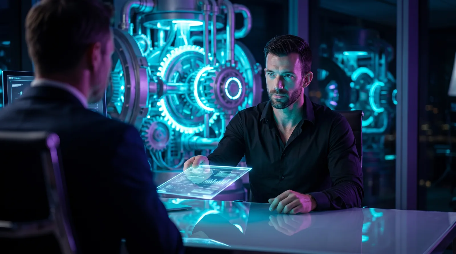 An AI consultant presenting a strategy roadmap on a whiteboard to a coaching business owner, with a half-built AI system glowing in the background