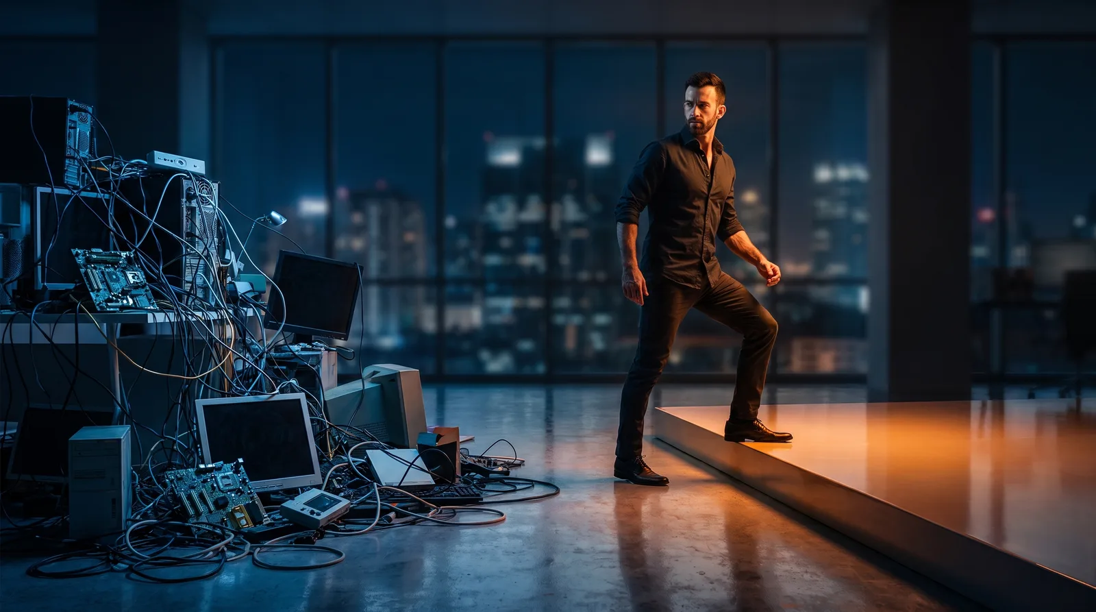 A solo founder standing on a solid foundation of glowing infrastructure blocks while scattered disconnected app icons drift away