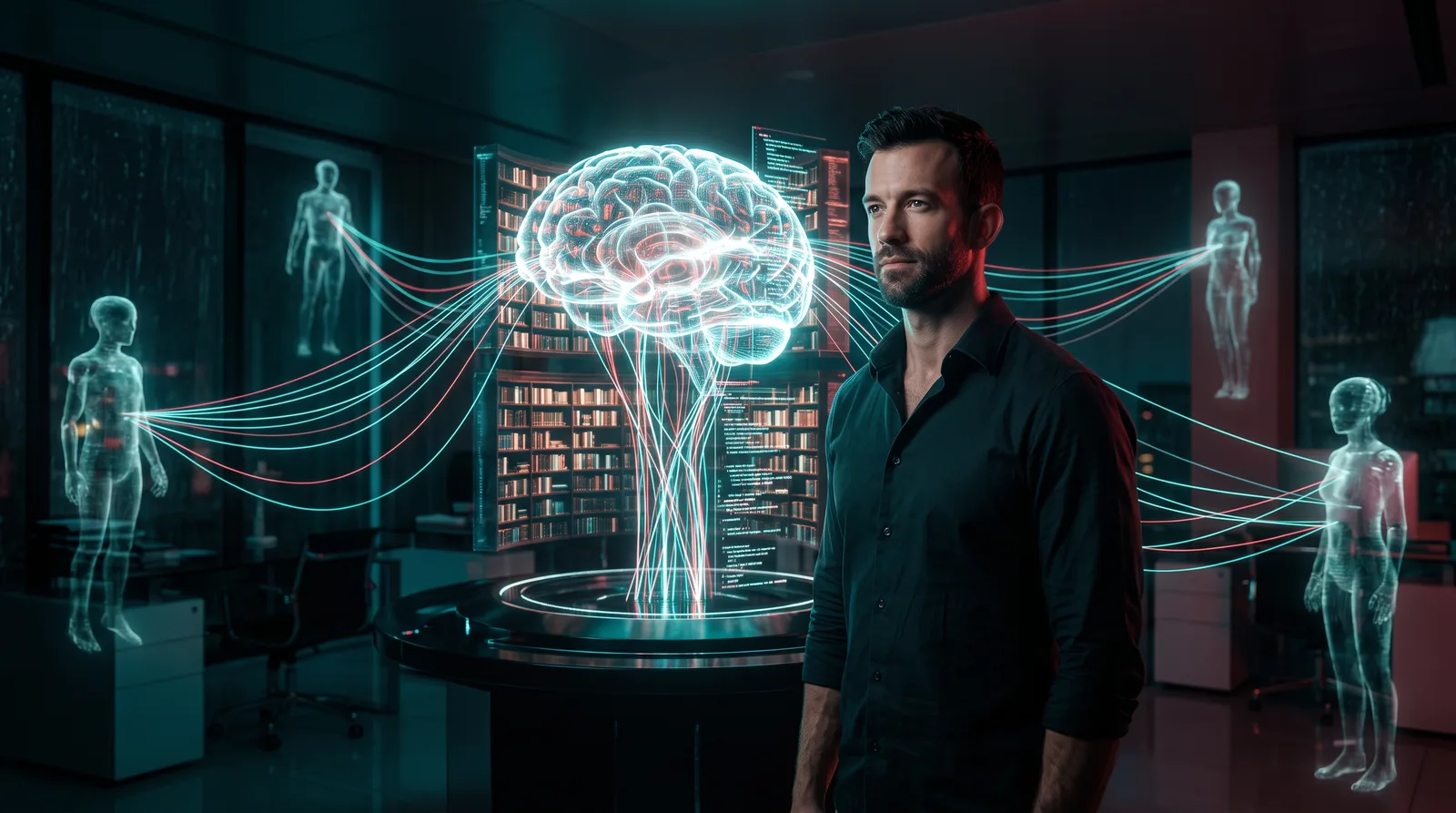 Matt Clark at a glowing central brain made of documents, call transcripts, and numbers, with AI agents drawing from it