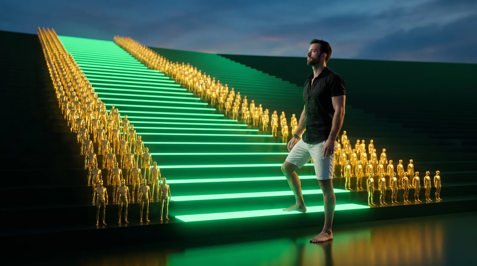 Matt Clark at the base of a rising staircase graph lined with hundreds of glowing client figures