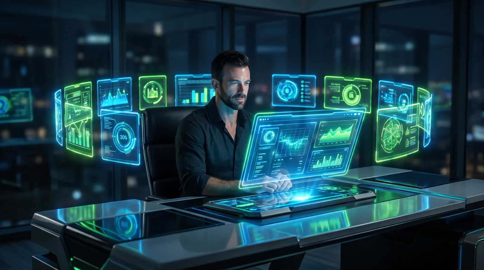 A central glowing brain connected to smaller AI agent figures at workstations, representing an AI operating system running a business