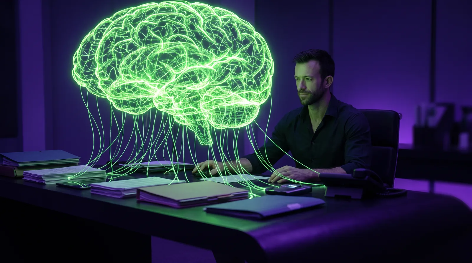 Matt Clark at a command-center desk feeding documents into one glowing AI brain that holds the whole business
