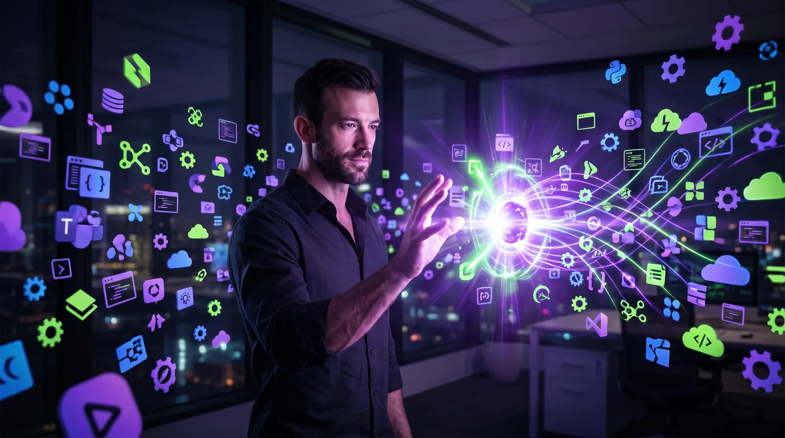 A consultant surrounded by a dozen disconnected AI app windows floating in the air, none of them linked, while a single unified glowing brain sits quietly on the desk beside them