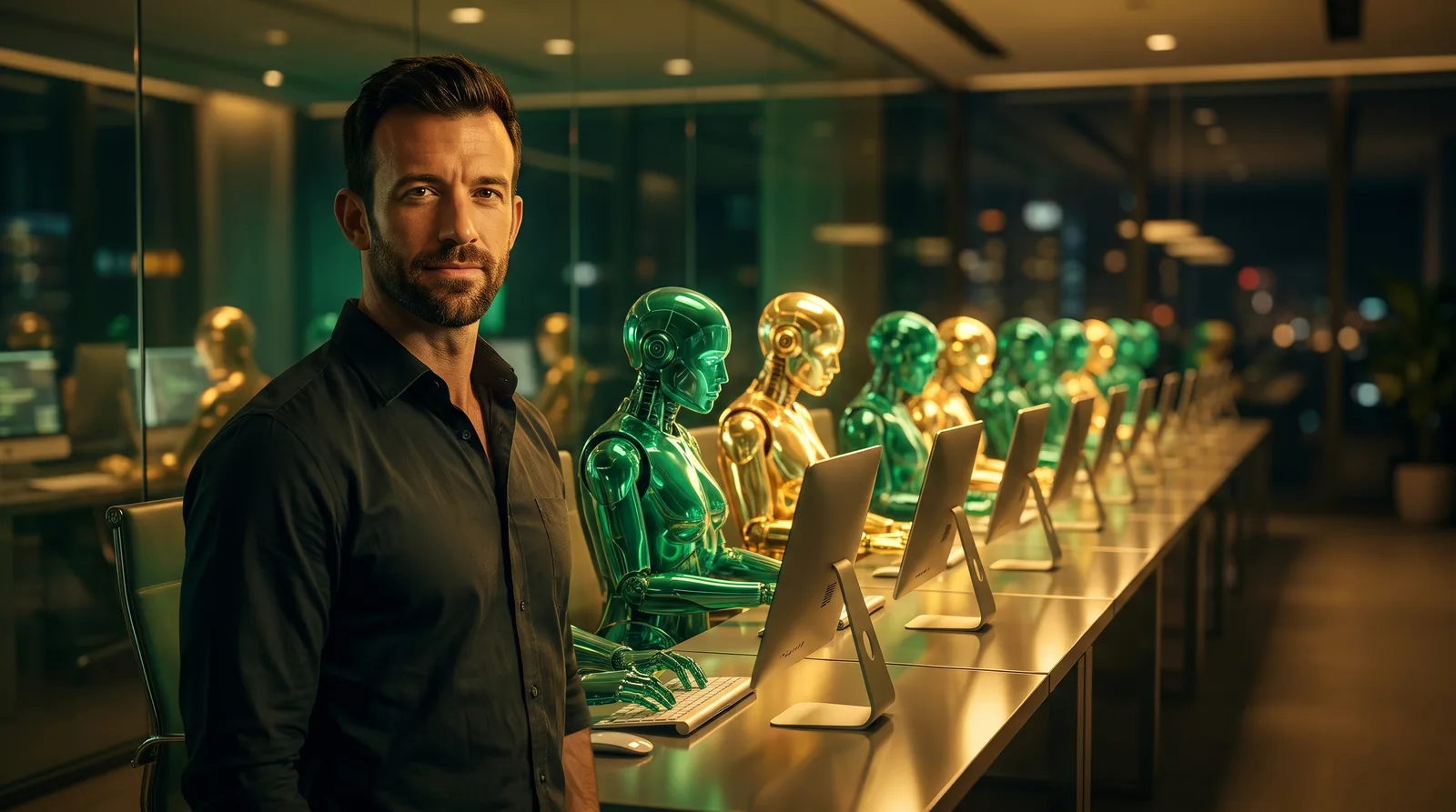 Matt Clark standing in front of an org chart where each role is filled by a labeled AI agent, all connected to a central brain