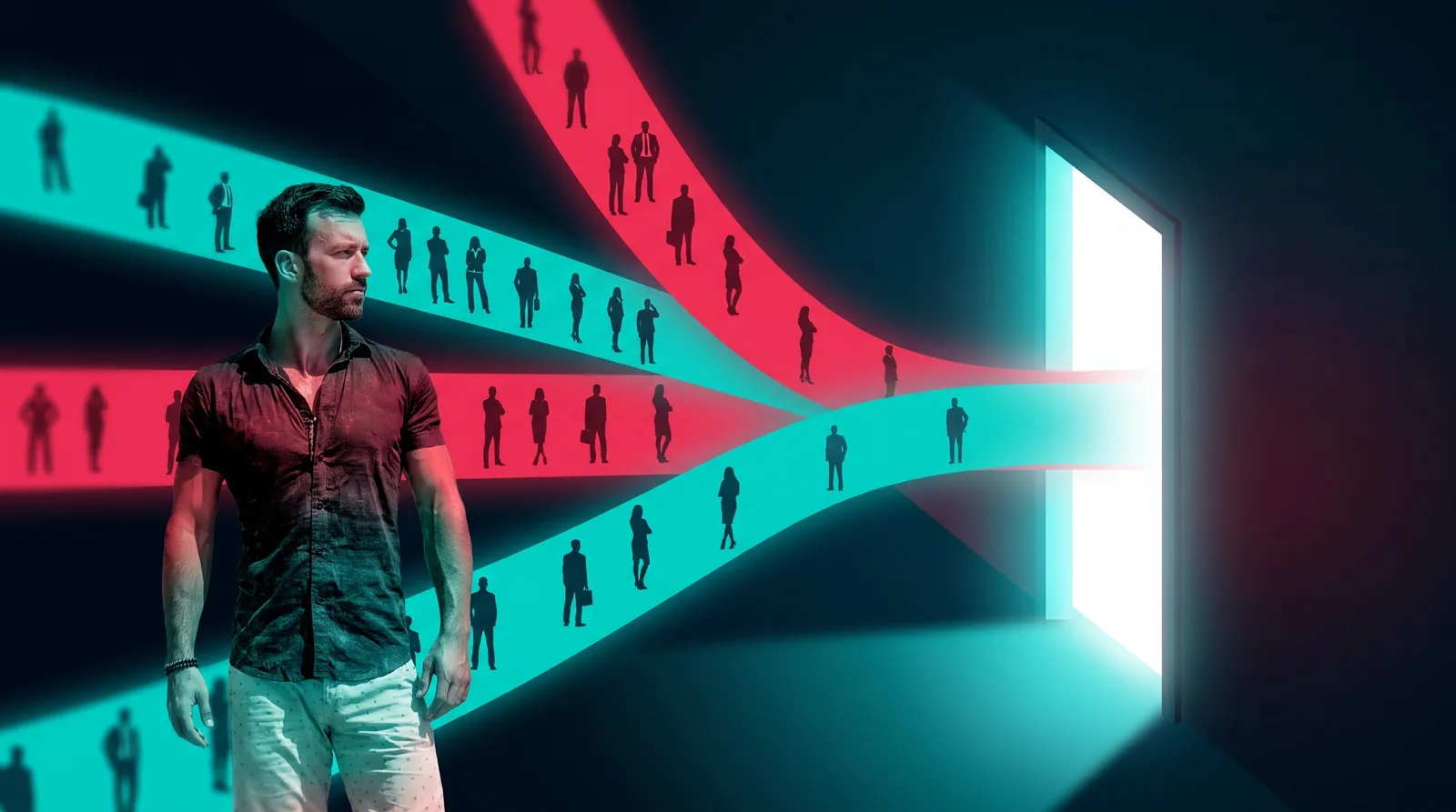 Matt Clark at the junction where four glowing lead channels converge into one funnel