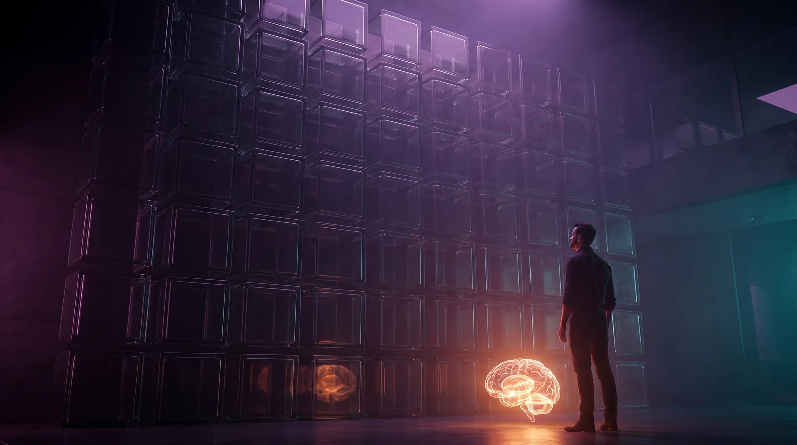 Matt Clark facing a towering wall of empty glass boxes with a single glowing brain lit at his feet