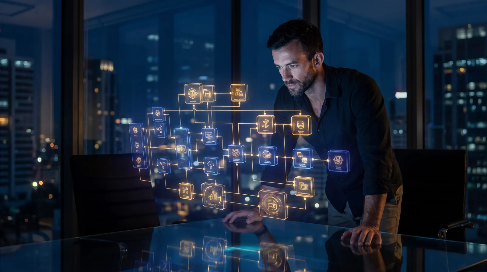 Matt Clark at a control panel showing a company running as one connected system instead of scattered people passing notes