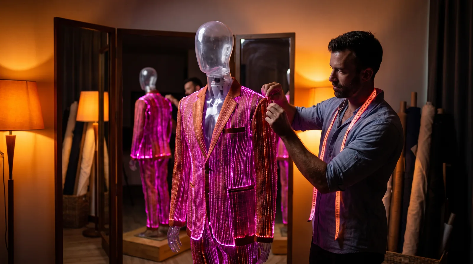 Matt Clark as a master tailor fitting a bespoke glowing suit onto an AI mannequin, the visual of a truly custom AI agent