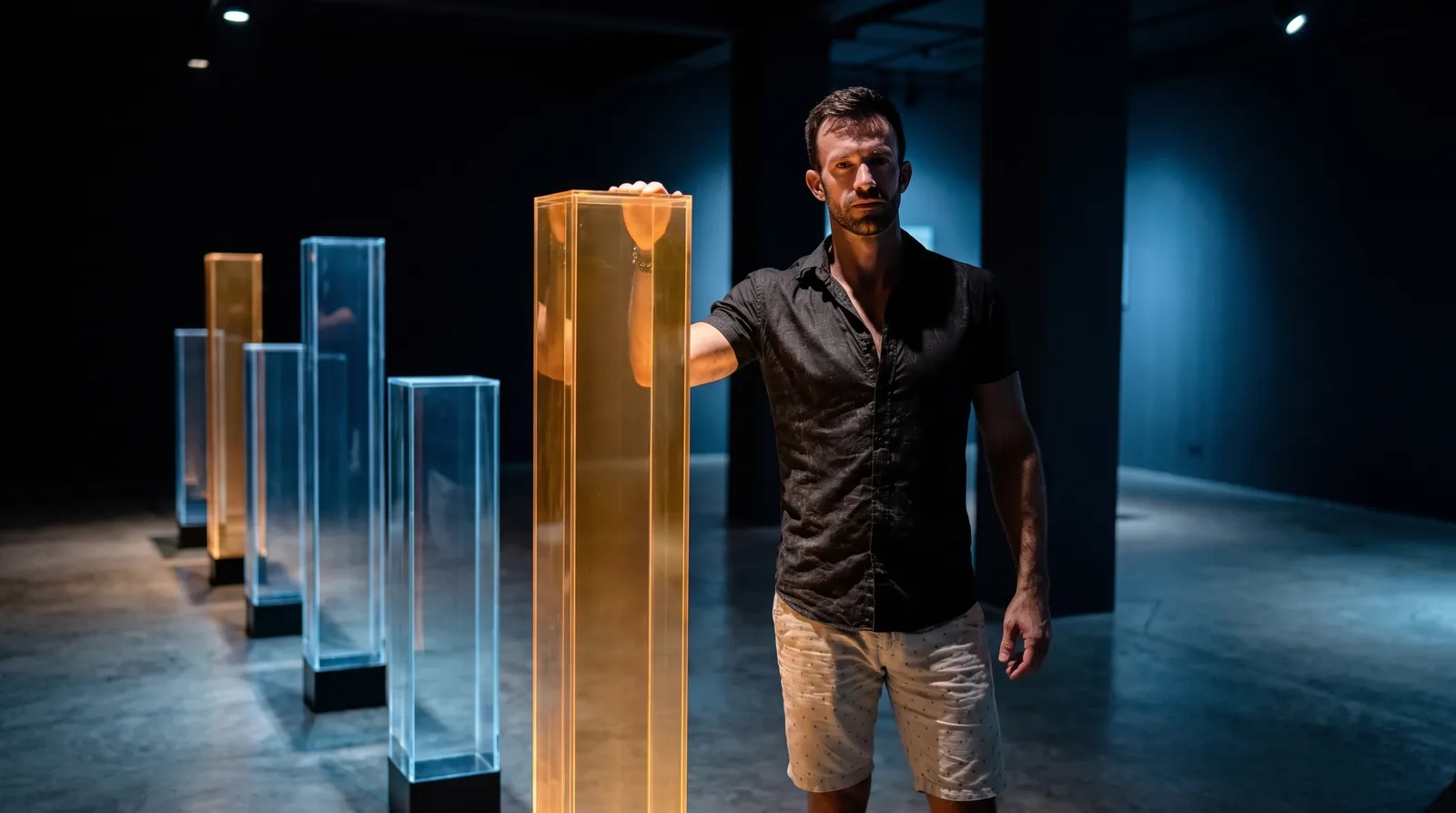 Matt Clark studying a row of glowing light pillars like a bar chart, hand on the tallest benchmark