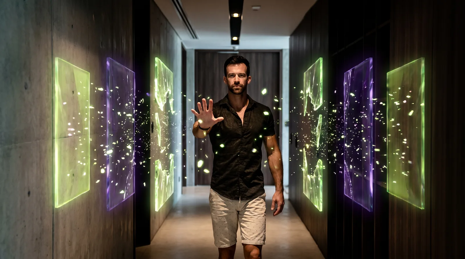 Matt Clark dissolving five glowing barrier walls in a corridor before reaching the boardroom door