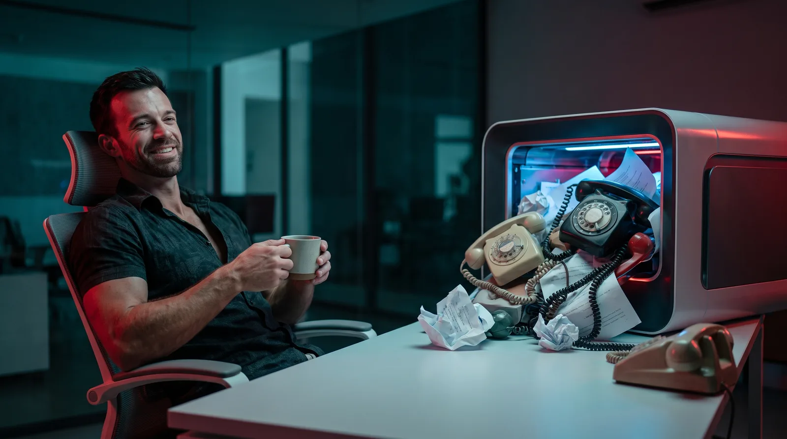 Matt Clark relaxing with coffee while a sleek machine swallows a tangle of old ringing telephones