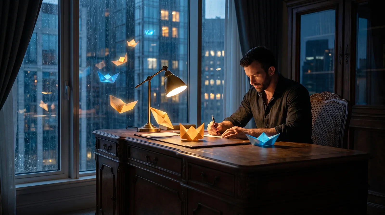 Matt Clark writing at a night desk as glowing folded messages fly toward specific lit windows in the skyline