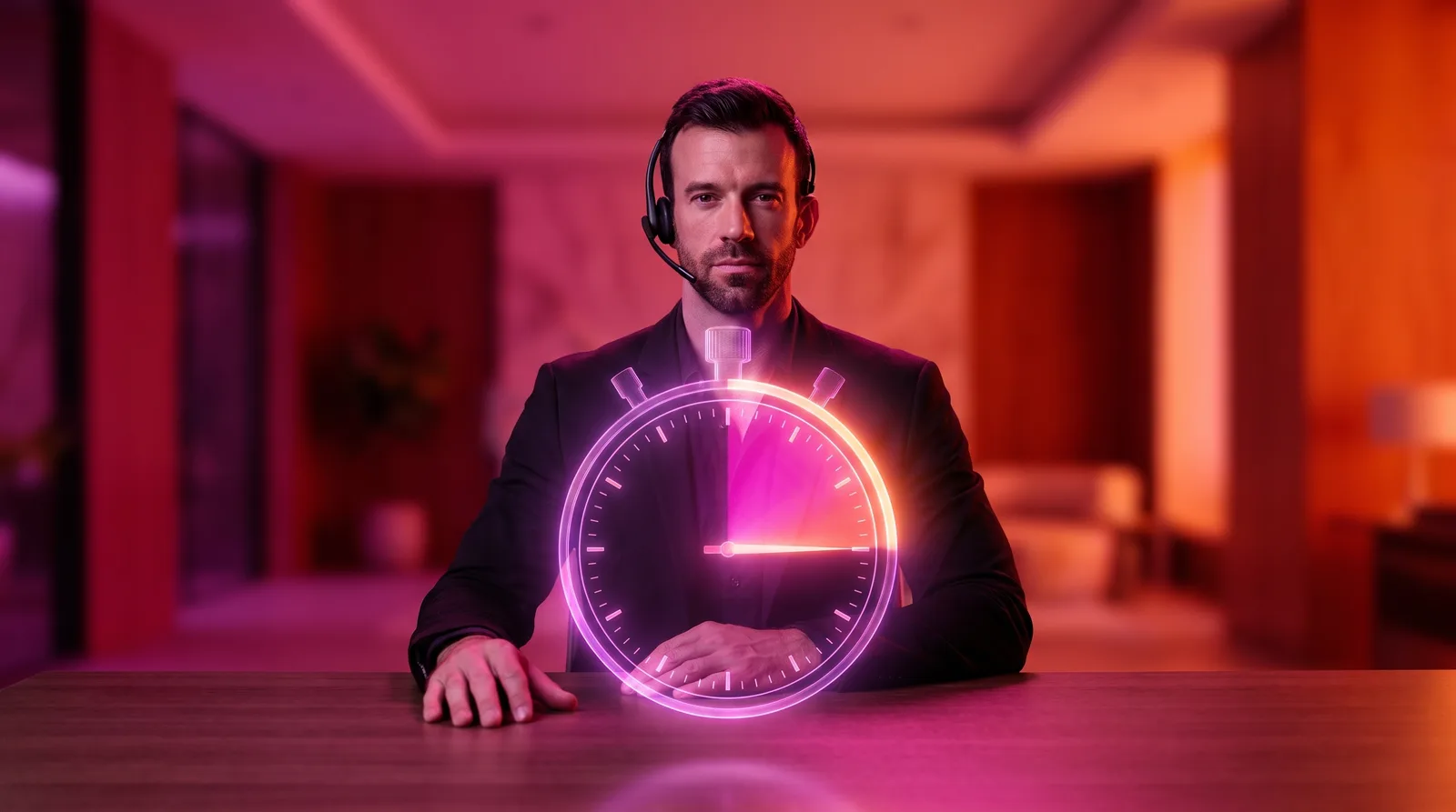 Matt Clark in a headset at a minimal desk beside a glowing holographic stopwatch marking a short call