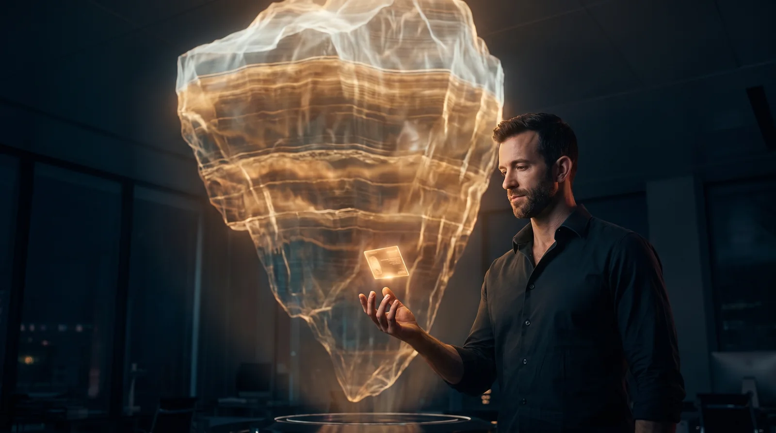 Matt Clark holding a single small glowing card while an enormous hidden mass of layered costs looms above it