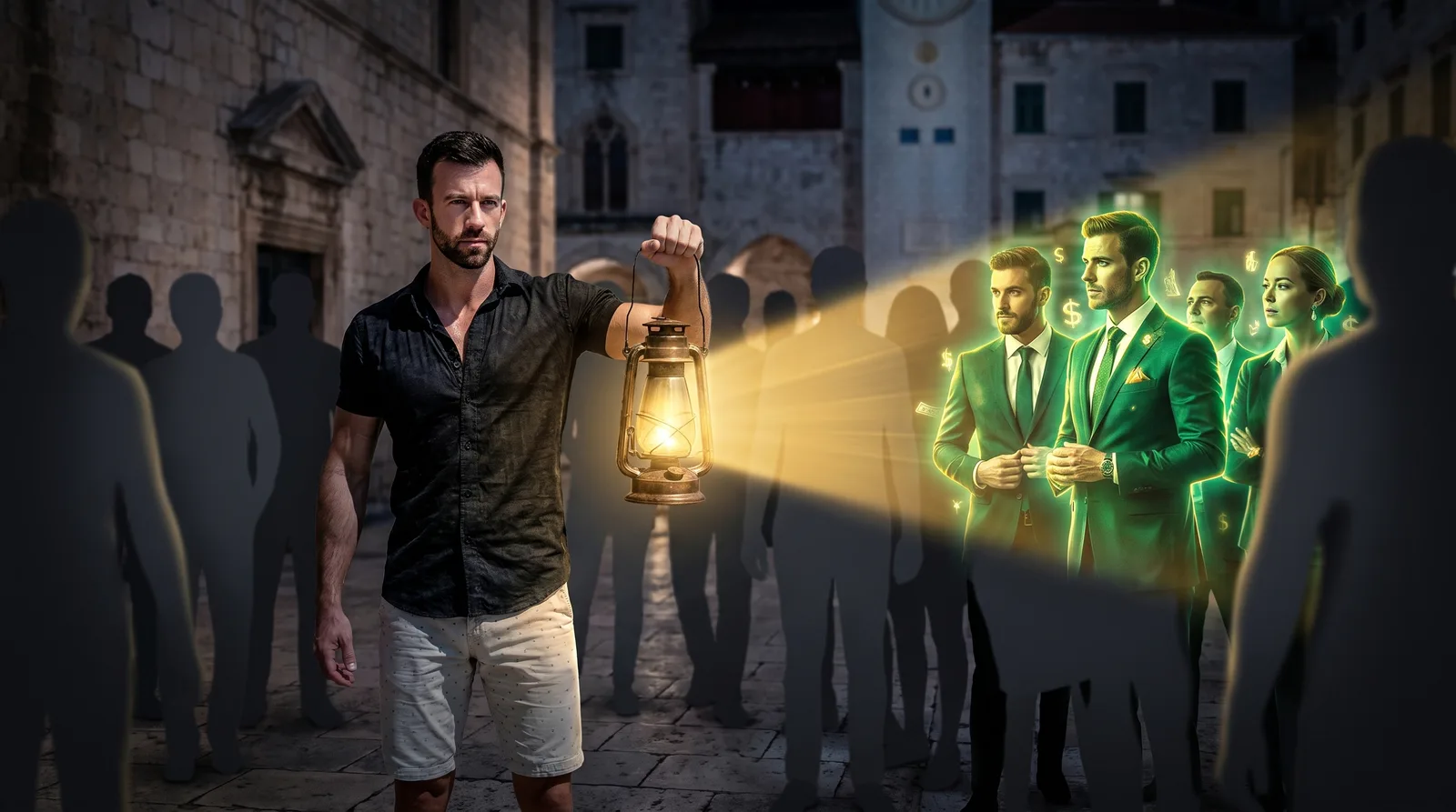 Matt Clark sweeping a golden beam across a grey crowd, lighting up the few genuine high-paying clients