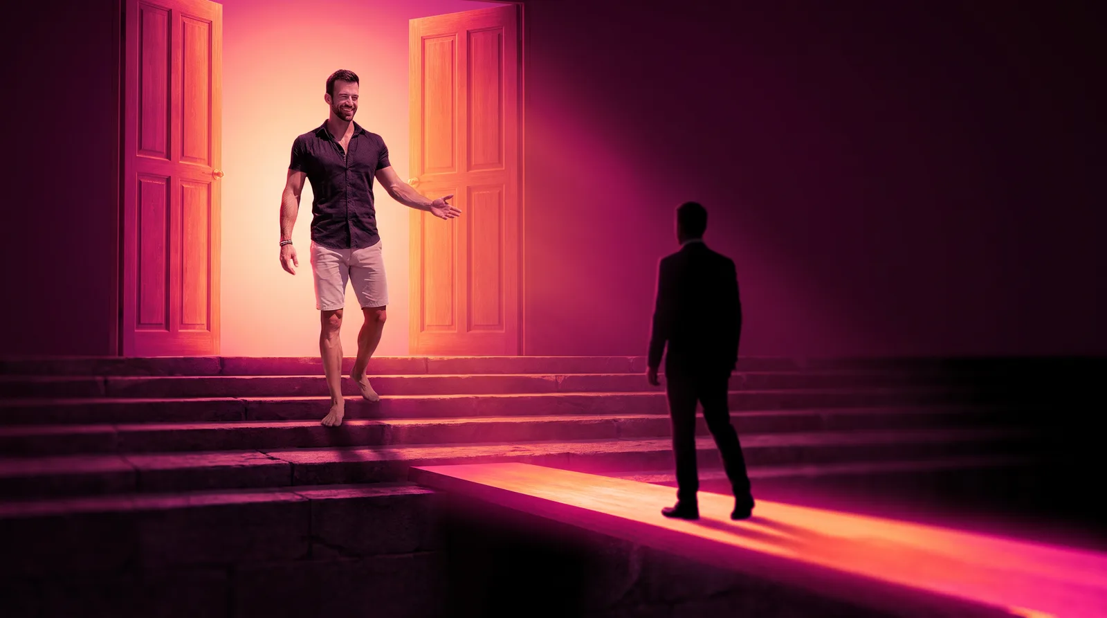 Matt Clark welcoming a premium client who crosses a bridge of light toward open glowing doors