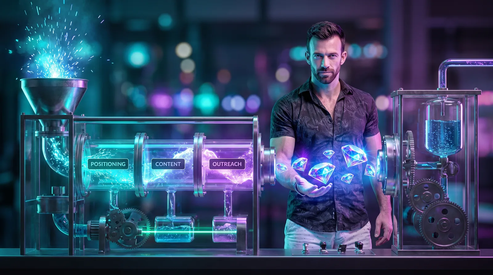 Matt Clark operating a glass machine that refines raw sparks into radiant gems