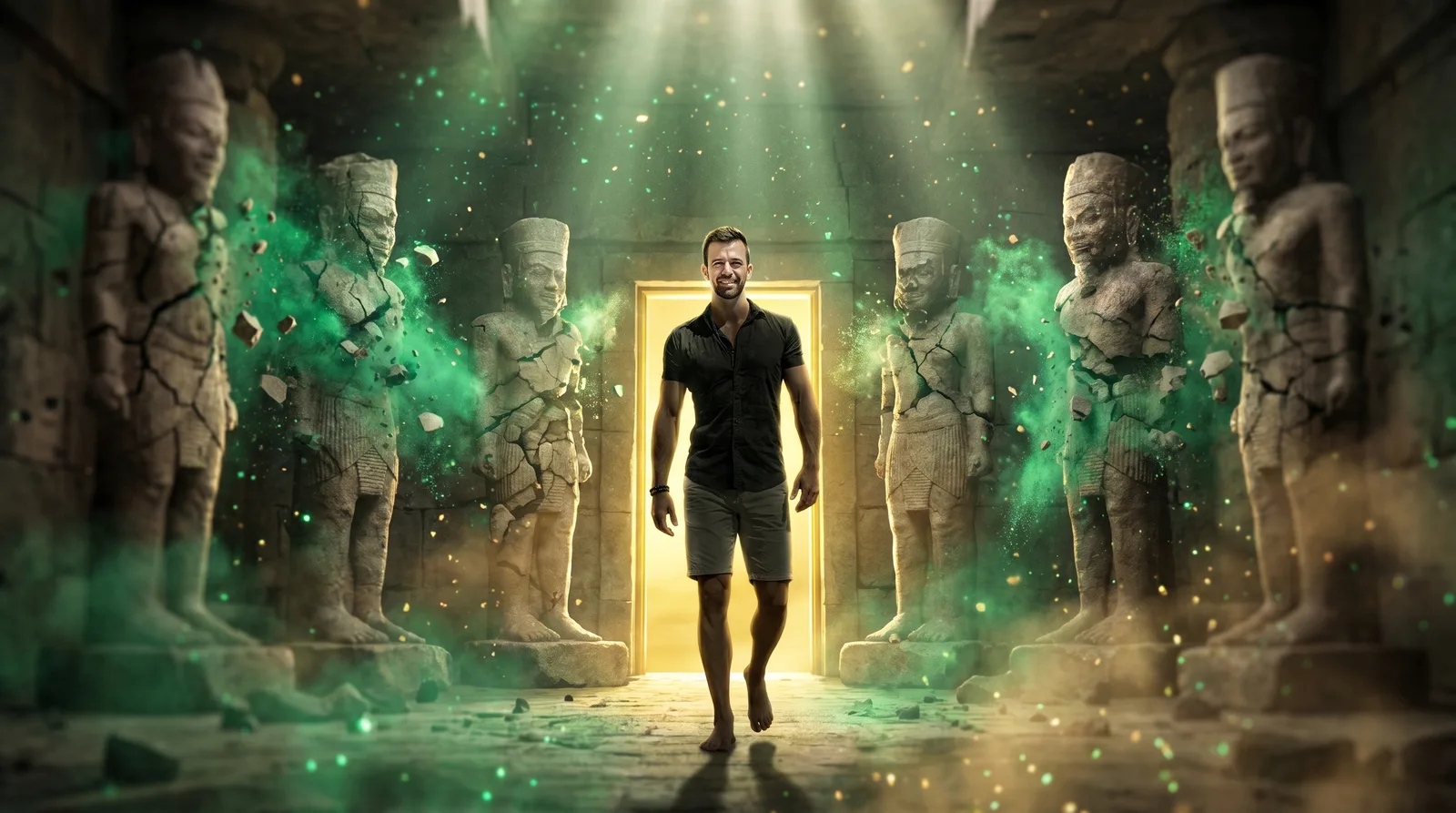 Matt Clark walking past five crumbling stone idols toward a doorway of golden light