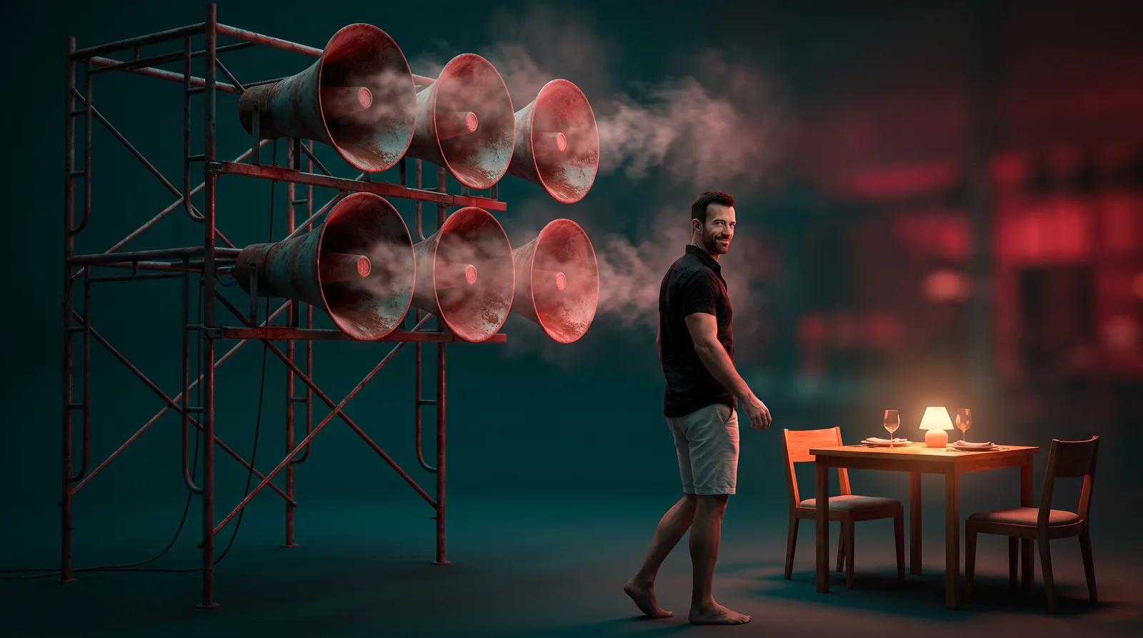 Matt Clark walking away from a wall of rusting megaphones toward a glowing table set for a real conversation
