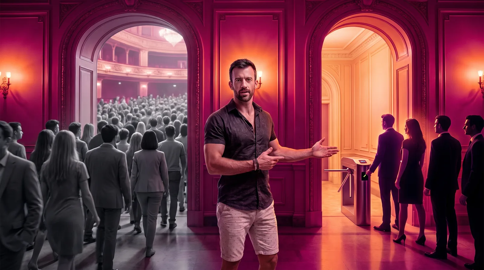 Matt Clark gesturing toward a small paid turnstile of intent buyers while a grey crowd mobs the free entrance