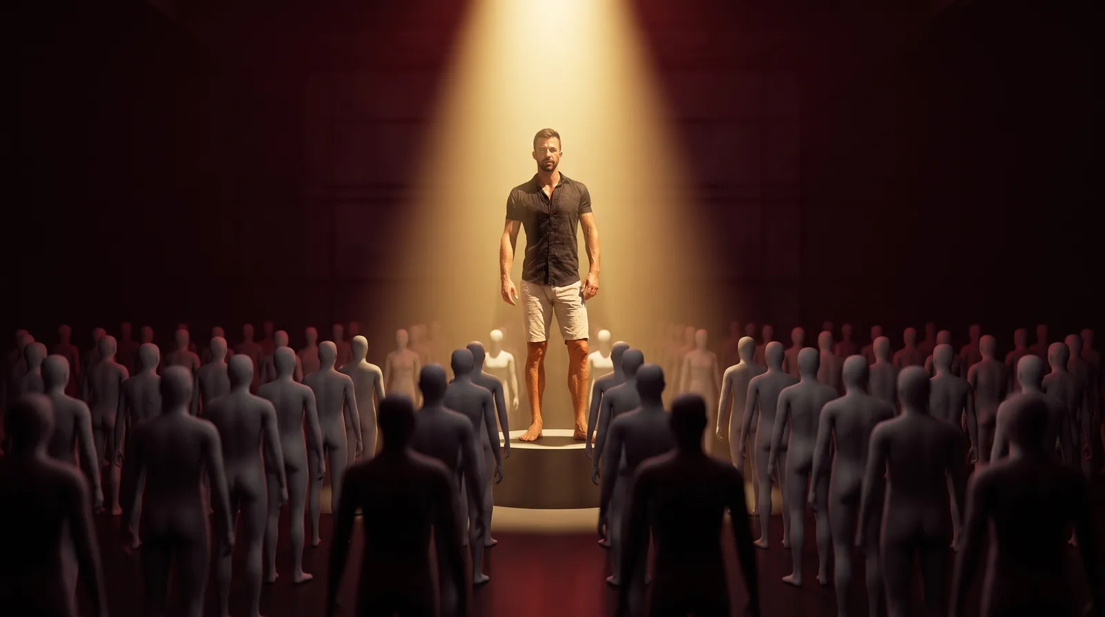 Matt Clark under a golden spotlight on a podium while identical grey figures fade into shadow