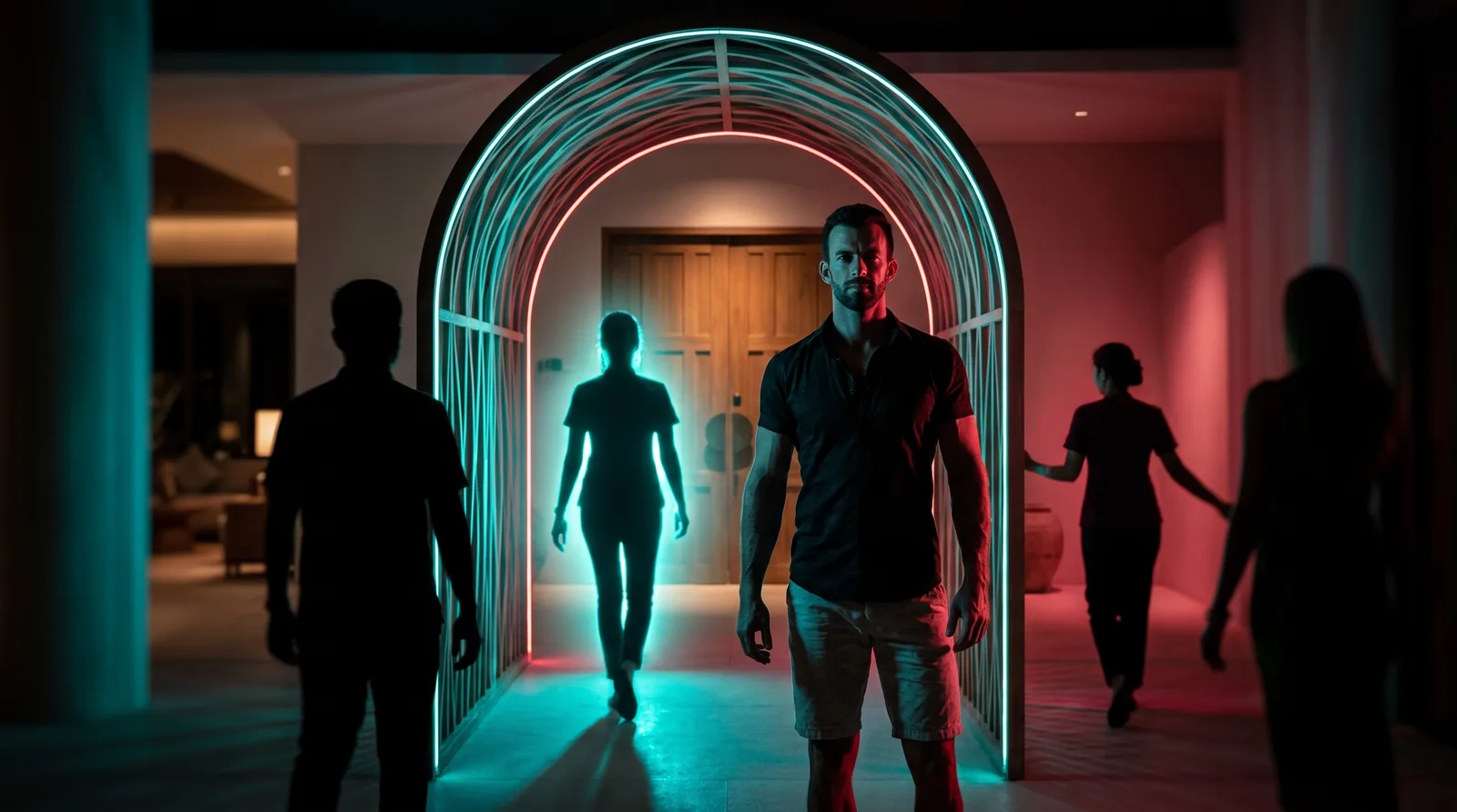 Matt Clark at an illuminated checkpoint arch where qualified prospects light up and pass through