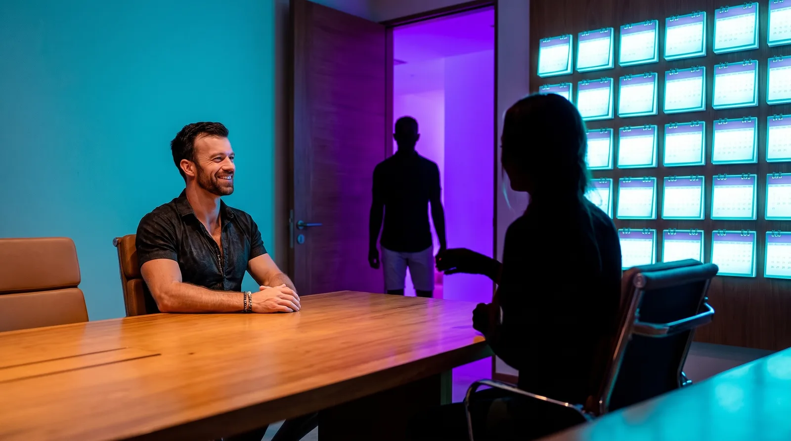 Matt Clark at a meeting table as a punctual client arrives, a wall of calendar tiles fully lit behind them