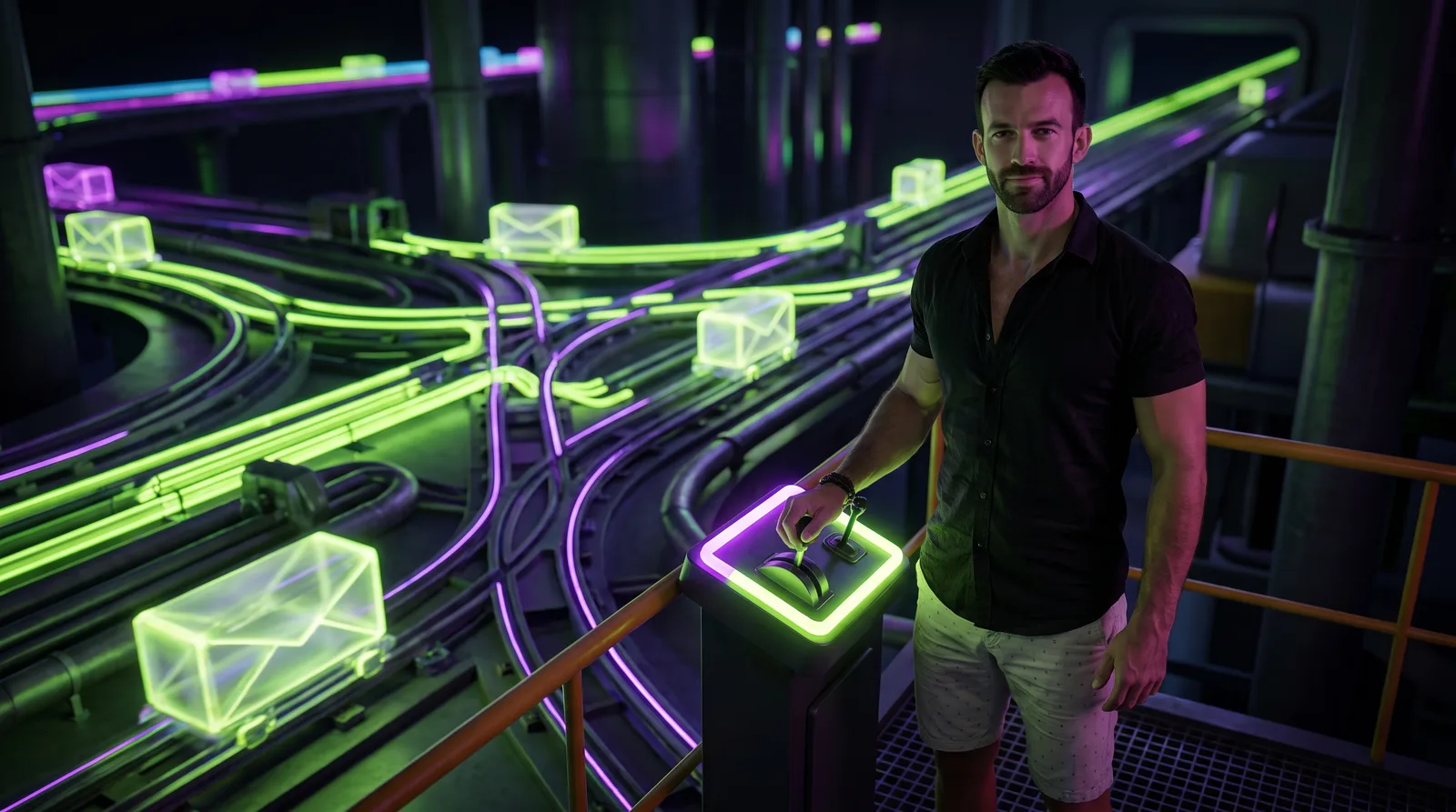Matt Clark overseeing a rail yard of glowing envelope tracks switching junctions on perfect schedule