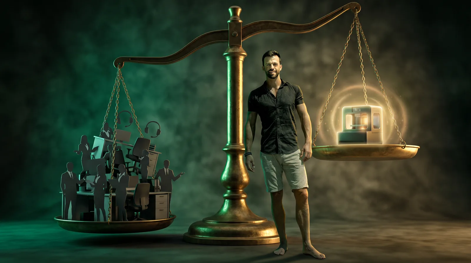 Matt Clark beside a giant balance scale where one compact glowing machine outweighs a whole sales team