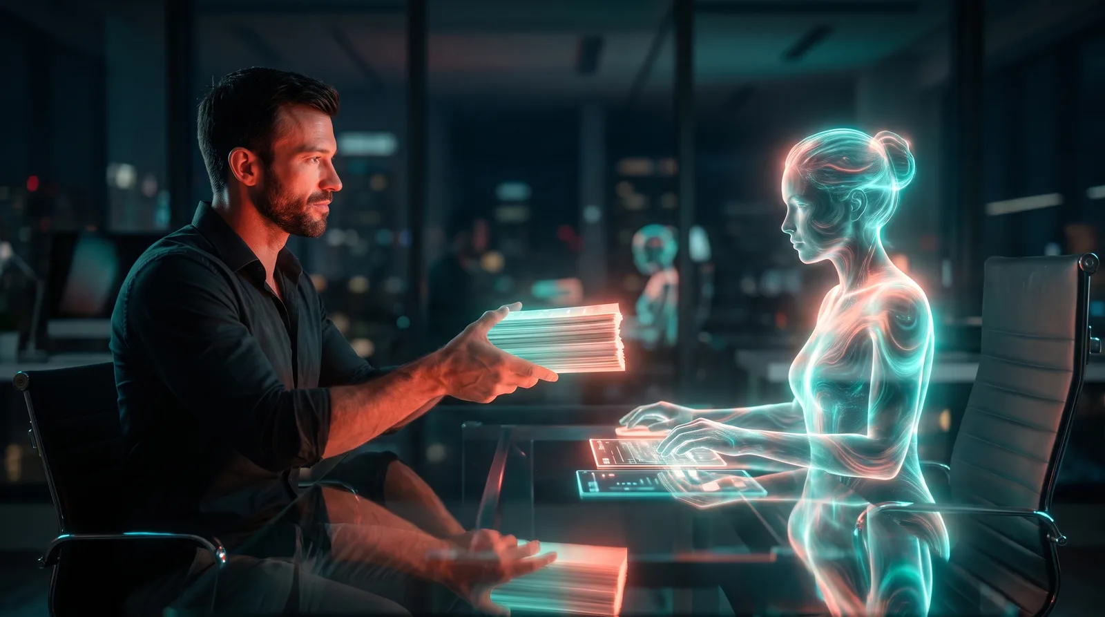 A small business owner at a desk handing off a stack of tasks to a remote assistant on a video call screen