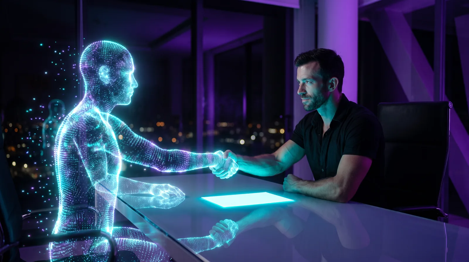 Matt Clark shaking hands across an interview desk with a holographic AI figure, hiring his first AI employee