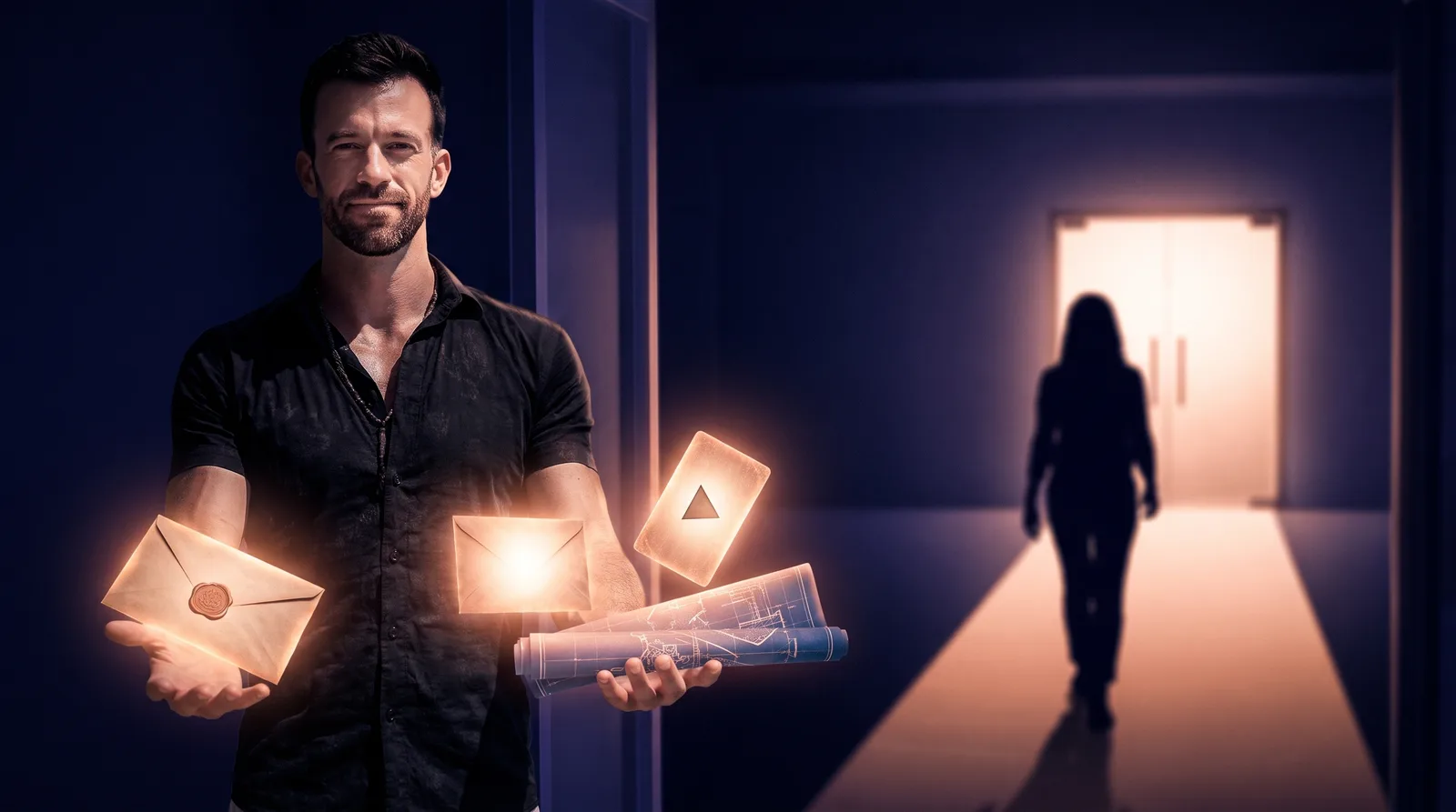 Matt Clark handing three glowing pre-call assets - a letter, a video card and a blueprint - to a prospect on a lit path