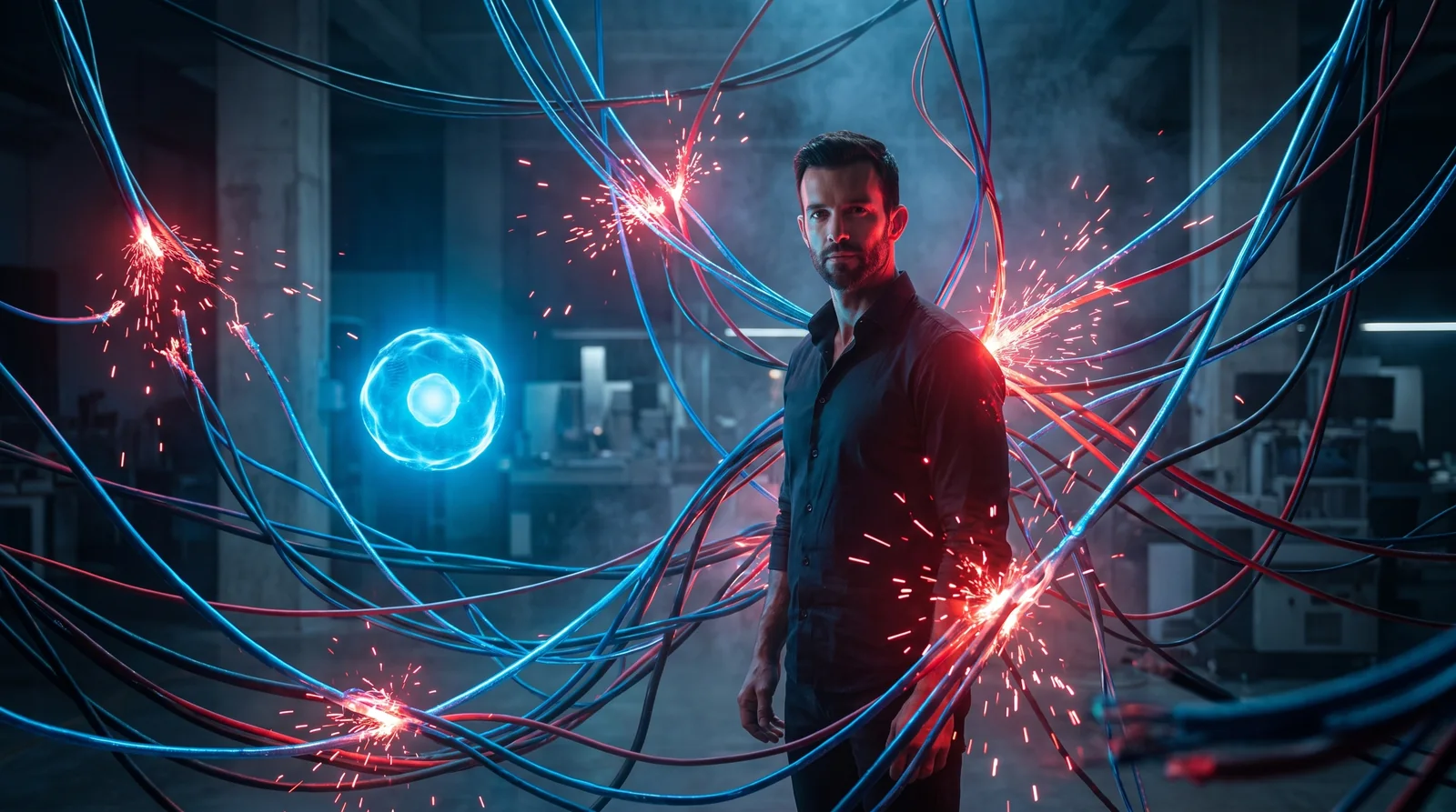 Matt Clark surrounded by a tangle of glowing automation cables throwing sparks where the connections have broken, beside one intact glowing core