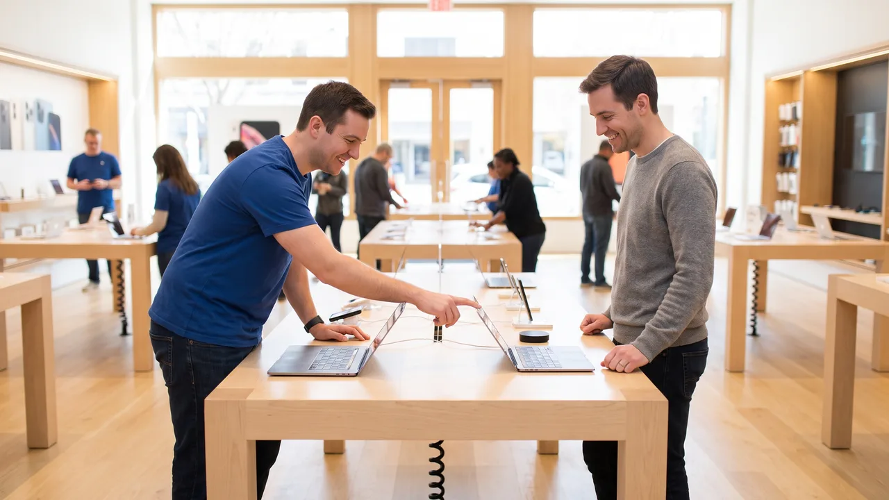 A friendly Apple-style store employee helping a customer at a table