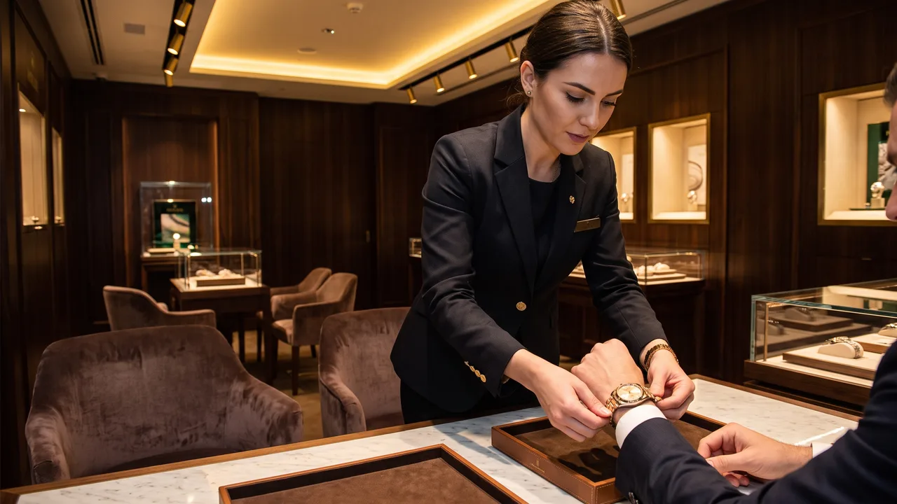 A boutique associate fastening a luxury watch onto a seated client’s wrist