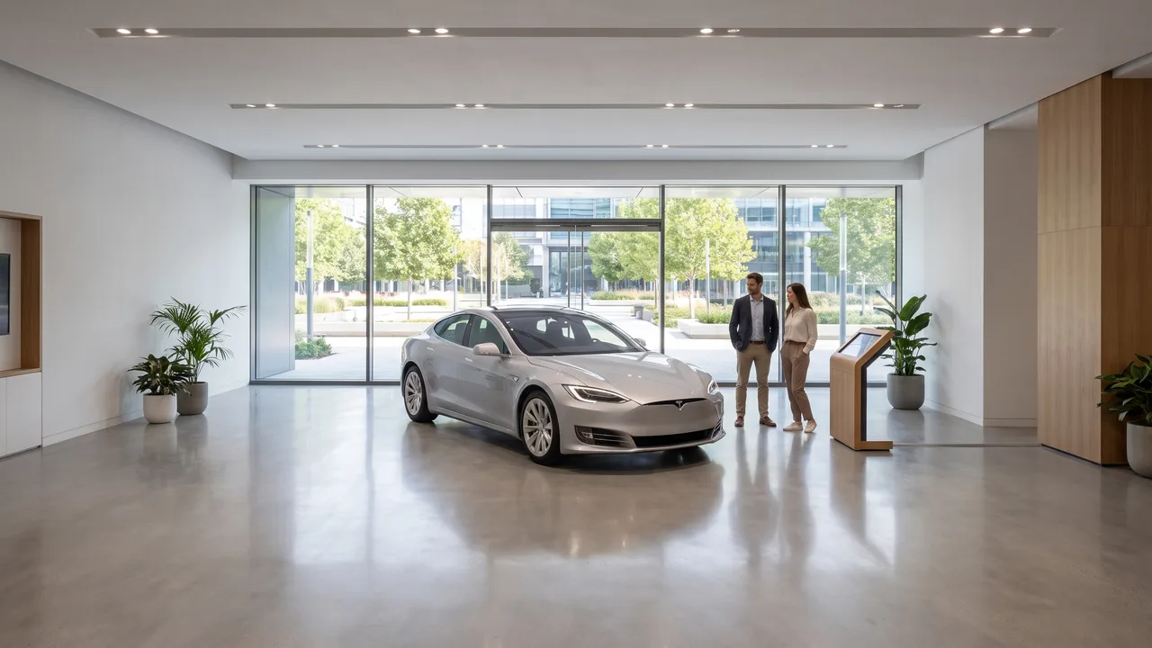 A calm, minimalist electric-car showroom with a couple browsing on their own