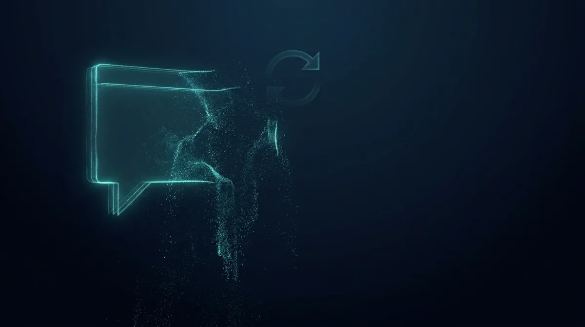 A glowing chat window dissolving into digital sand